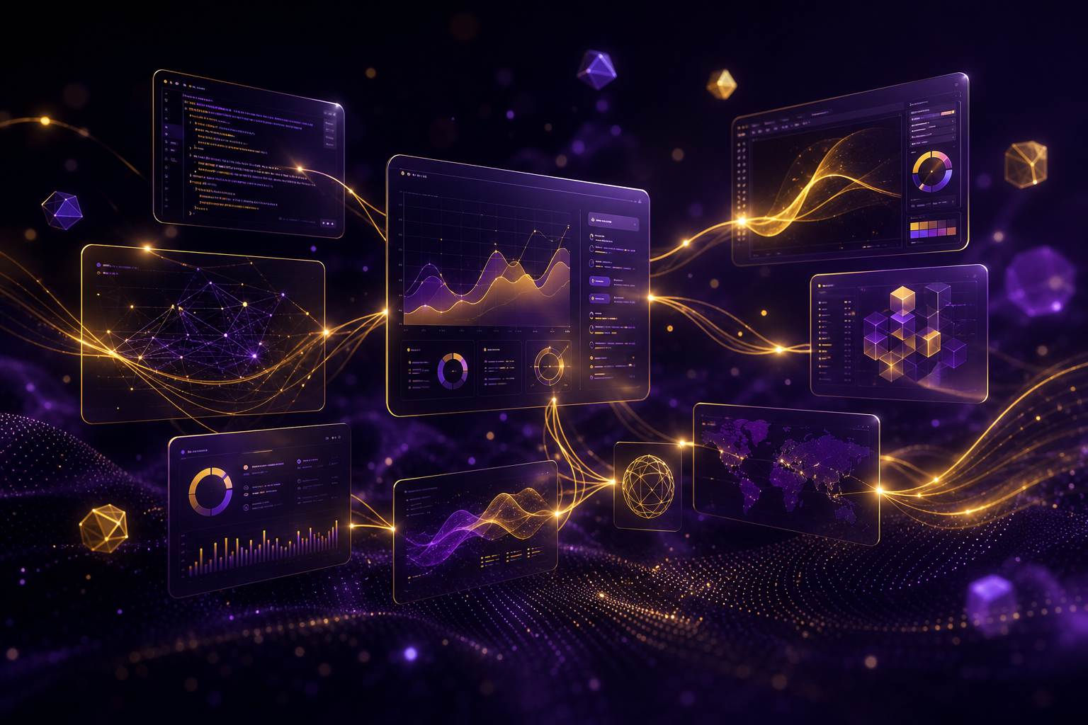 Integrated digital capabilities visual showing interconnected analytics, code, and creative systems