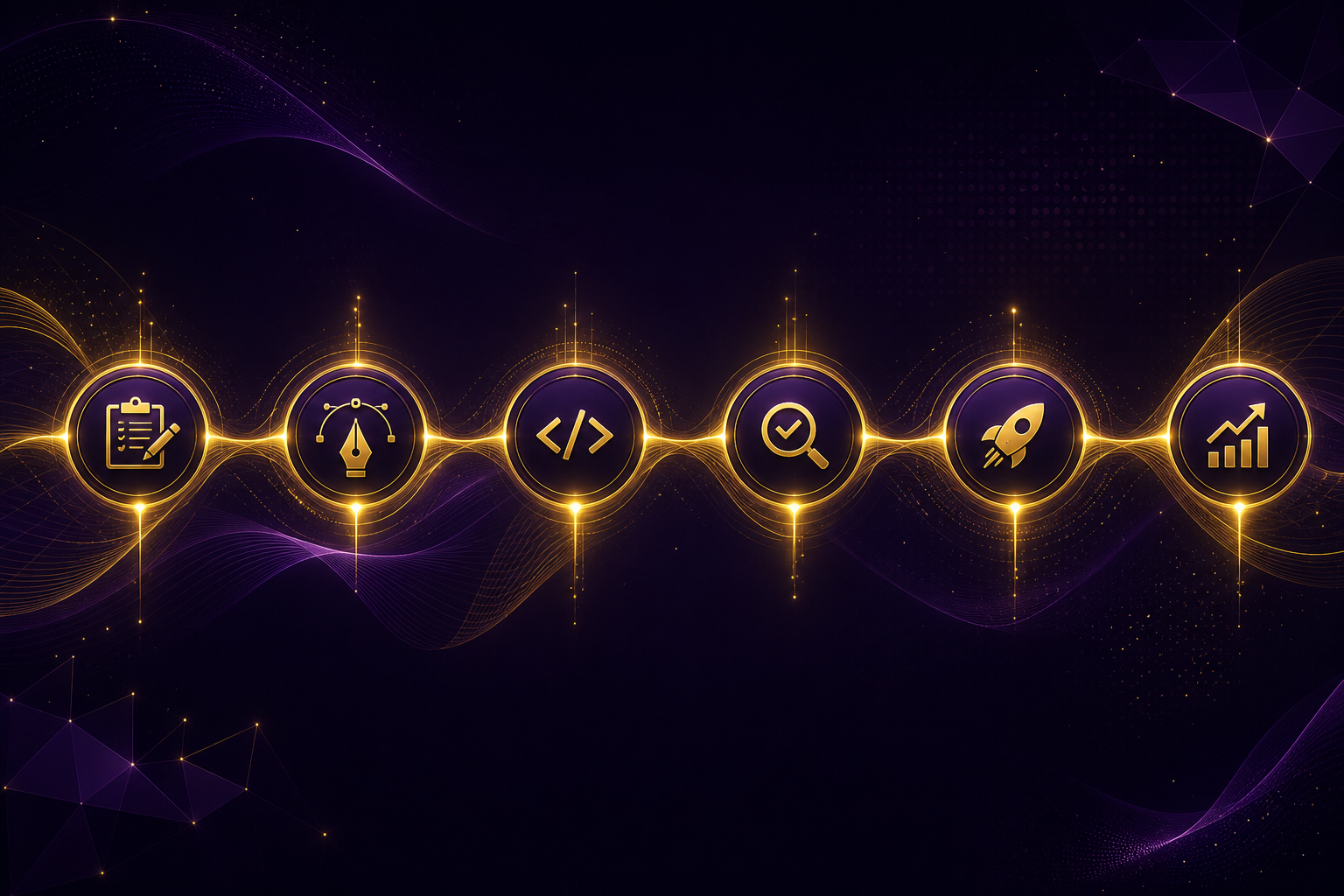 Six-stage digital delivery workflow with milestone nodes and connected paths