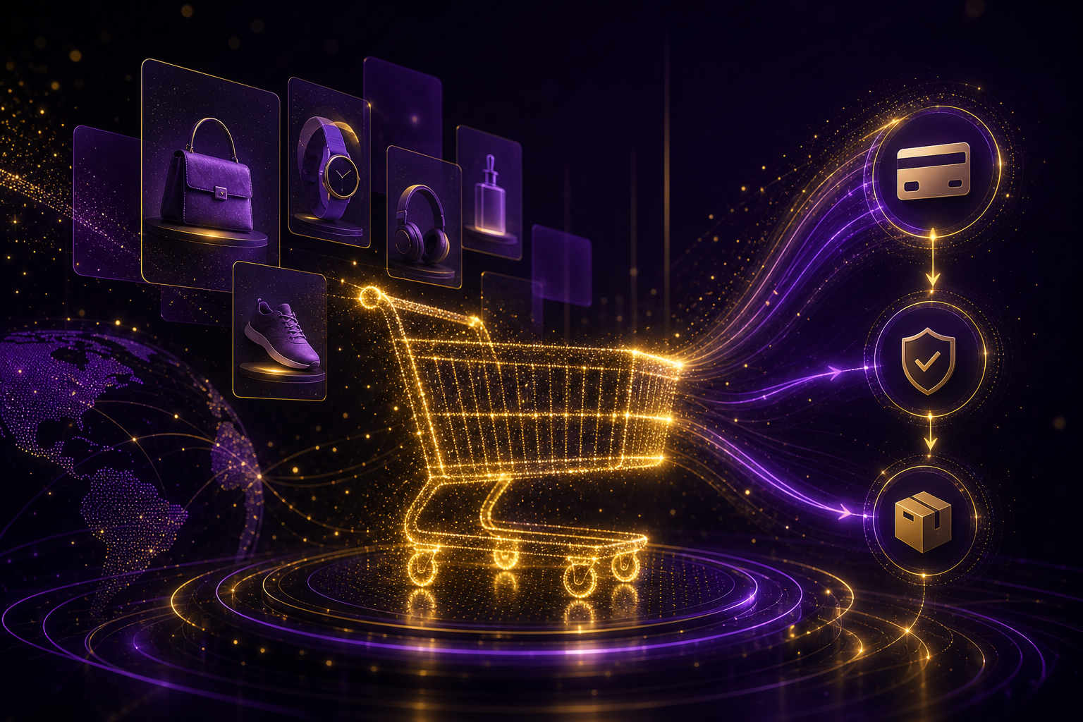 E-commerce development illustration with shopping and payment concepts