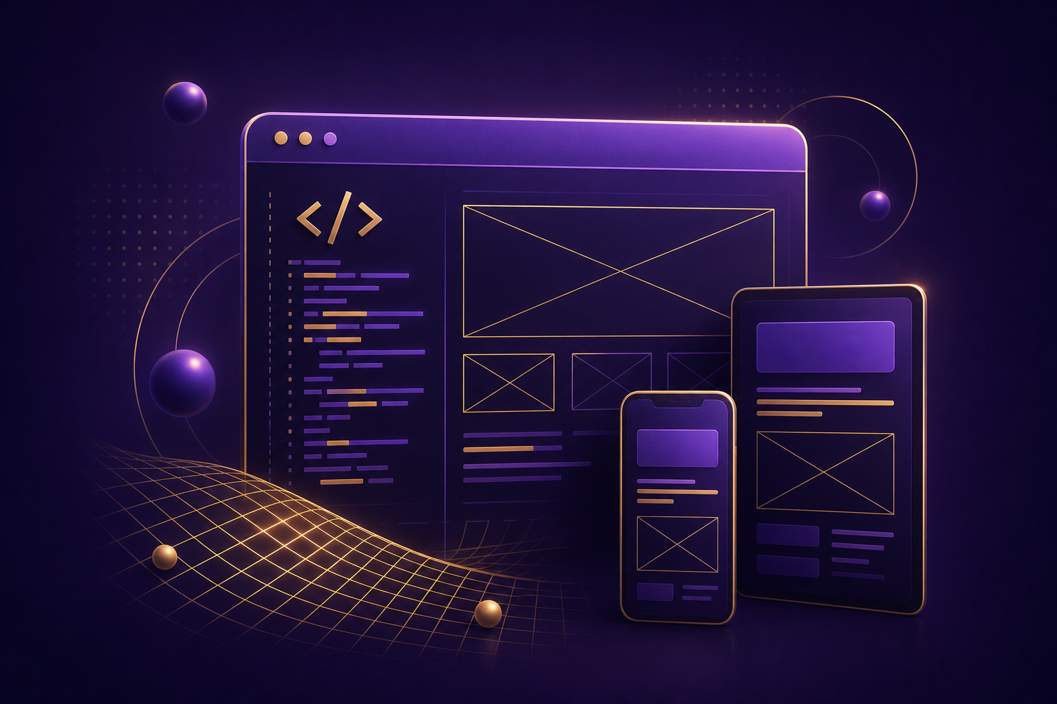 Website development illustration with code and responsive design elements